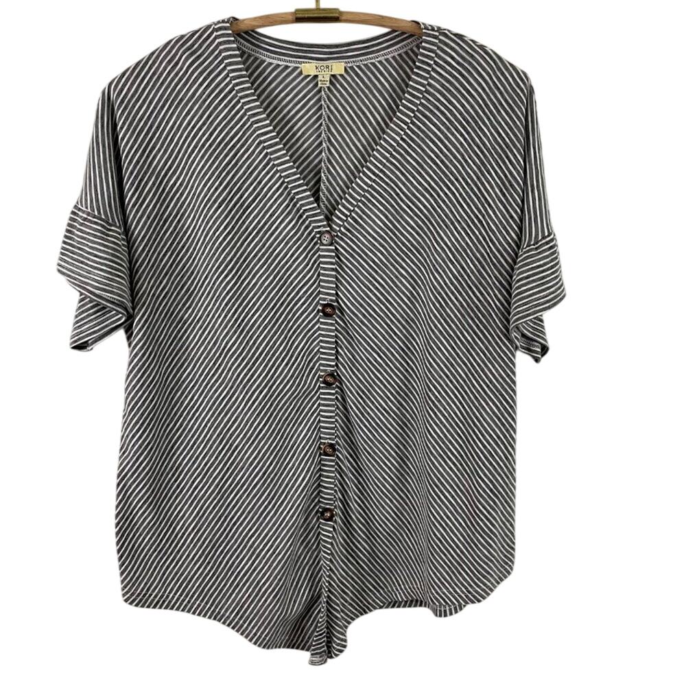 Kori America Gray & White V Neckline Diagonal Stripe Top Size Large